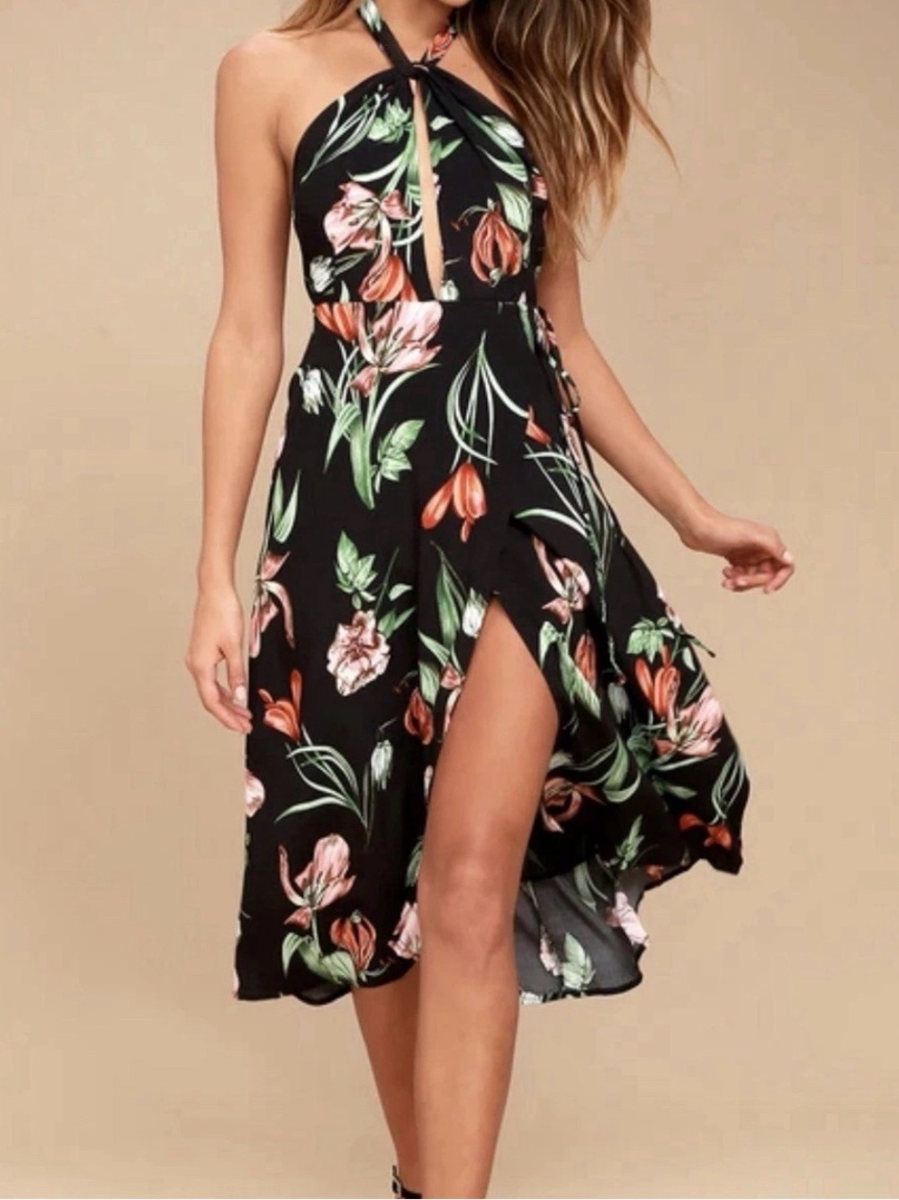 ASTR Black Floral Halter High-Low Dress with Side Slit
